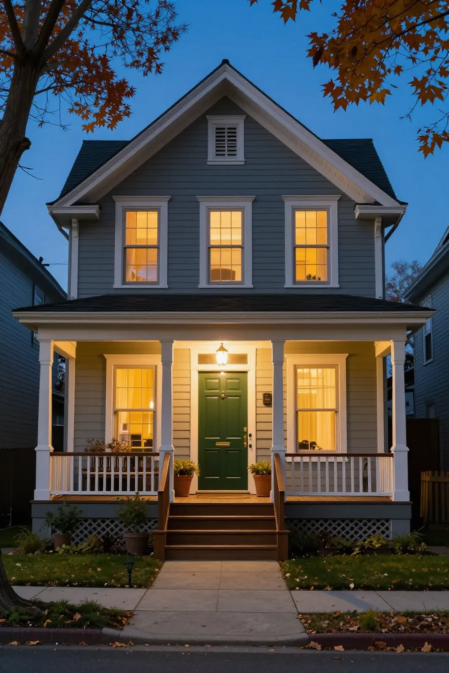 Front porch of a family home at dusk